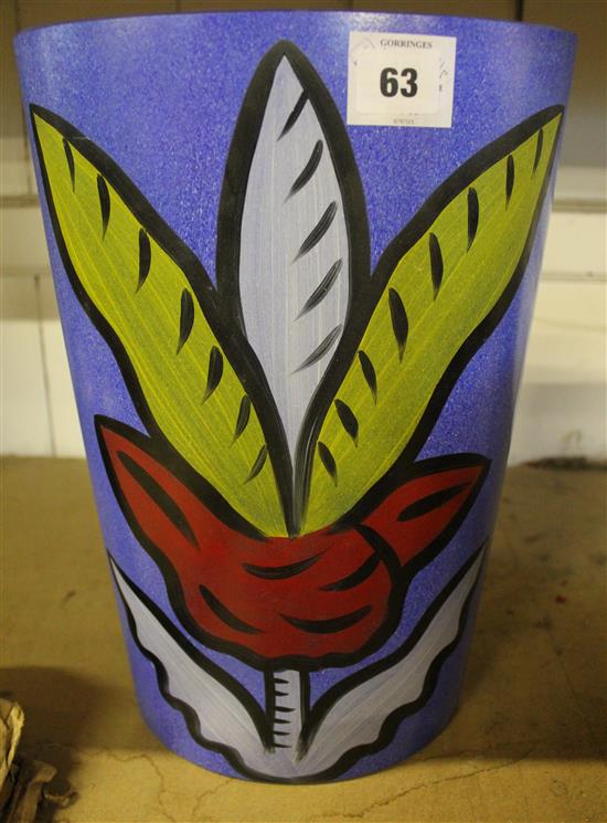 Kosta Boda large blue glass vase, painted with stylised flowers by Ulrica Hydman-Vallien, signed(-)